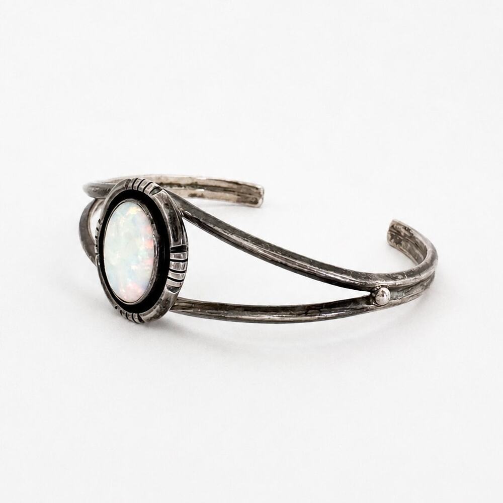 Running Bear RB Signed Sterling Silver Opal Cuff Bracelet Vintage Navajo